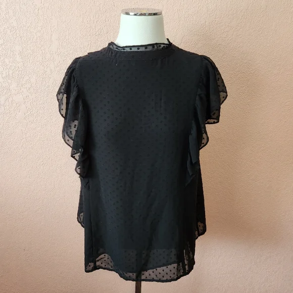 Torrid Black Sheer Polka Dot Ruffle Short Sleeve Blouse Top - Picture 4 of 7